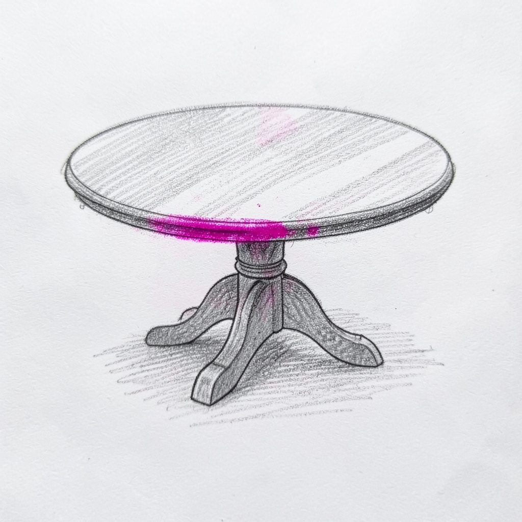 Pencil drawing of a round drop leaf table with leaves raised, simple charcoal sketch on white